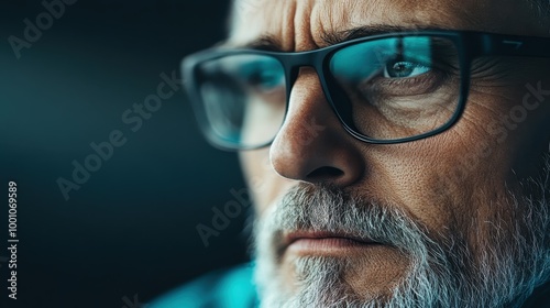 An image showing a partial close-up of a person in glasses, with a dark and moody backdrop, capturing the essence of introspection and focus on details.