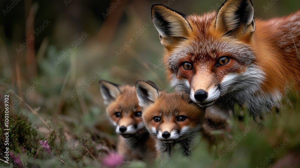 Fototapeta premium A mother fox stands protectively over her young kit in a meadow, representing familial bonds and vigilance within the natural world, surrounded by lush greenery.