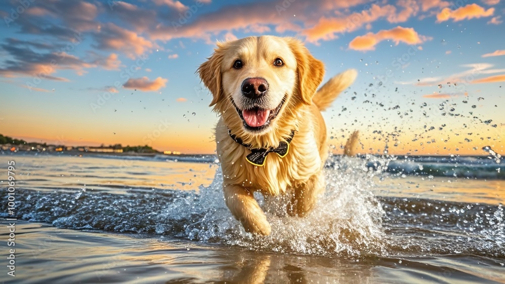 In the afternoon by the seaside, a cute golden retriever is running and playing in the water, with the sunset behind it In the afternoon by the seaside, a cute golden retriever is running and playing in the water, with the sunset behind it