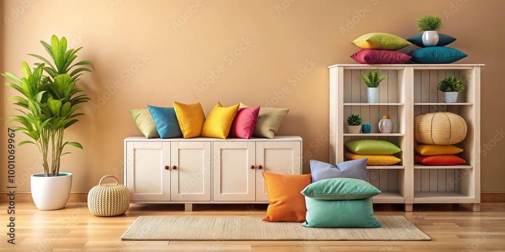 Soft pillows blend seamlessly with a stylish storage cabinet on the floor, set against a soothing beige wall,