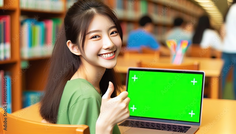 Happy Female Student With Green Screen Laptop In Library. Happy Female Student With Green Screen Laptop In Library.