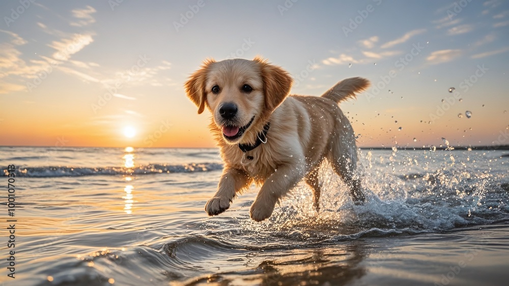 In the afternoon by the seaside, a cute golden retriever is running and playing in the water, with the sunset behind it In the afternoon by the seaside, a cute golden retriever is running and playing in the water, with the sunset behind it