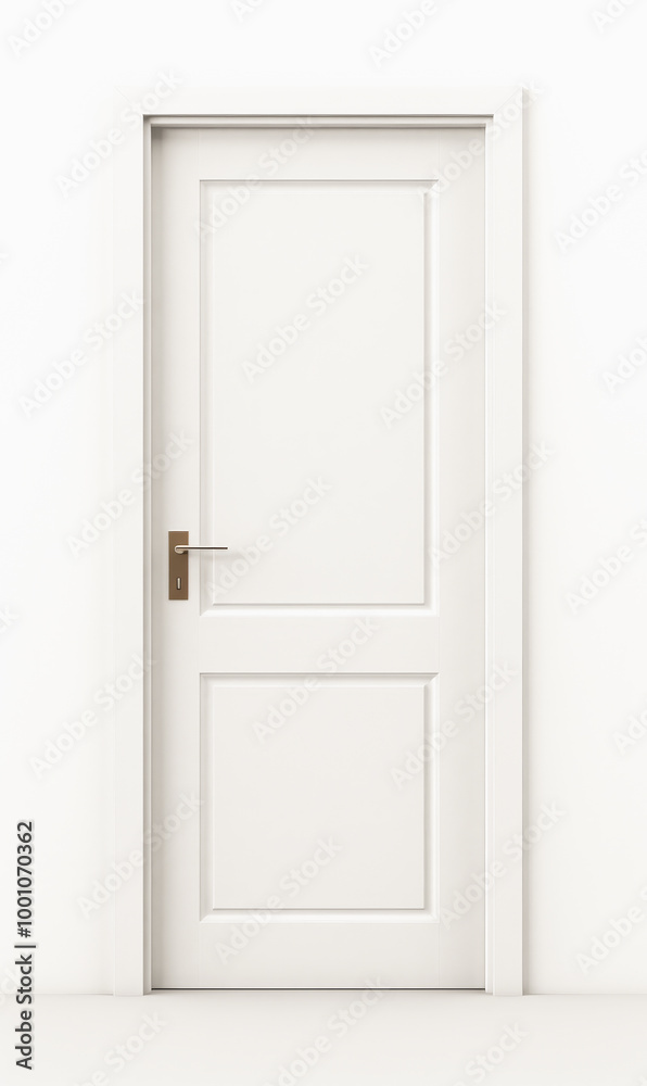 White wooden closed door on white wall. White wooden closed door on white wall.