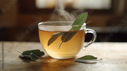 A steaming cup of herbal sage tea with fresh sage leaves floating, placed on a wooden surface.