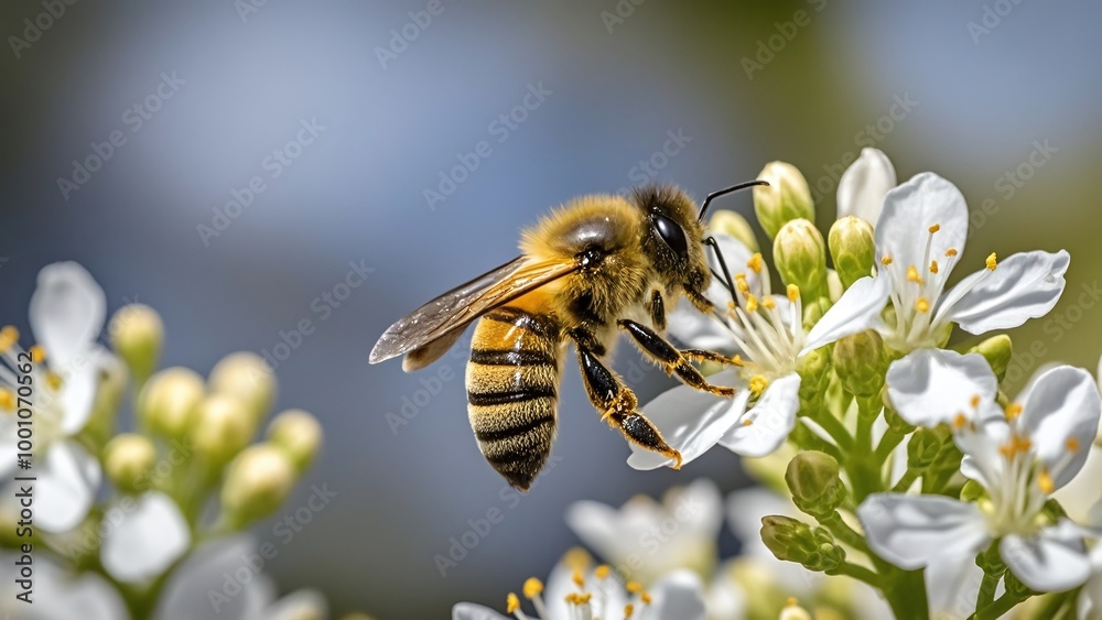 Bees are flying to collect nectar, white flowers, insects, and plants Bees are flying to collect nectar, white flowers, insects, and plants