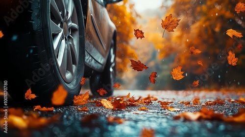 Closeup view of the car tires on asphalt road with many colourful autumn leaves