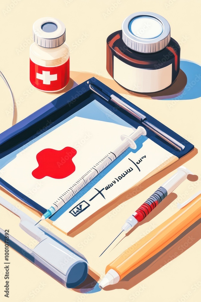 A collection of medical supplies, including a syringe, pills, and a clipboard with a blood sample.