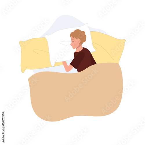 a Male Character Sleeping in Pajamas on Bed. Bedtime Routine in Relaxing Night Scene