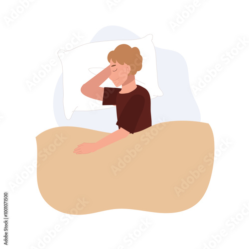 a Male Character Sleeping in Pajamas on Bed. Bedtime Routine in Relaxing Night Scene