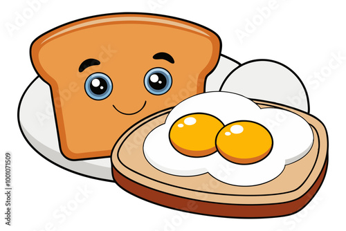 Breakfast with poached egg and bread on white background, egg and bread