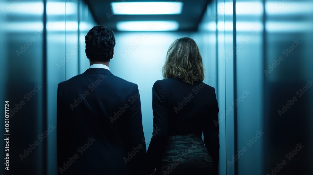 A man and a woman, both dressed in formal attire, are seen from the back as they stand together in an elevator, likely heading to an important meeting or event. A man and a woman, both dressed in formal attire, are seen from the back as they stand together in an elevator, likely heading to an important meeting or event.