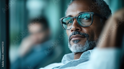 A man wearing glasses carries a mysterious air, his gaze rich and pondering, perfectly blending into a modern, sophisticated setting that frames his appearance.