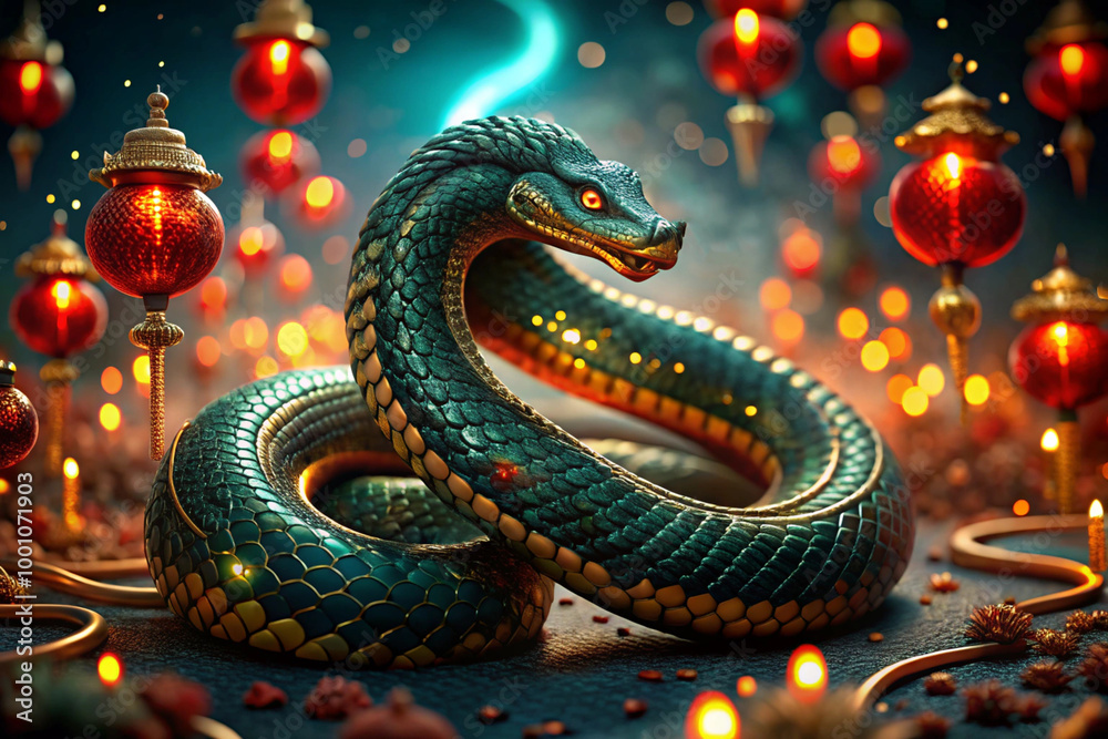 Chinese horoscope. Happy New Year 2025. The symbol of the year is a green snake on a background of red Chinese lanterns. A poster or banner for a party and New Year's Eve. Chinese horoscope. Happy New Year 2025. The symbol of the year is a green snake on a background of red Chinese lanterns. A poster or banner for a party and New Year's Eve.