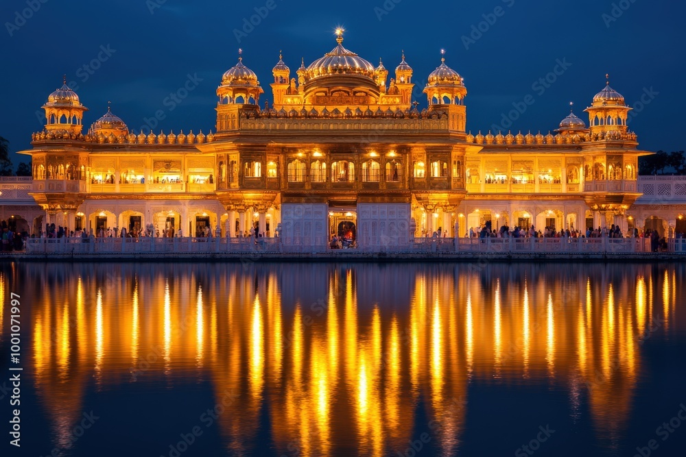 Illuminated golden palace reflected in water Illuminated golden palace reflected in water
