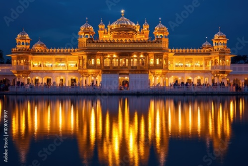 Illuminated golden palace reflected in water