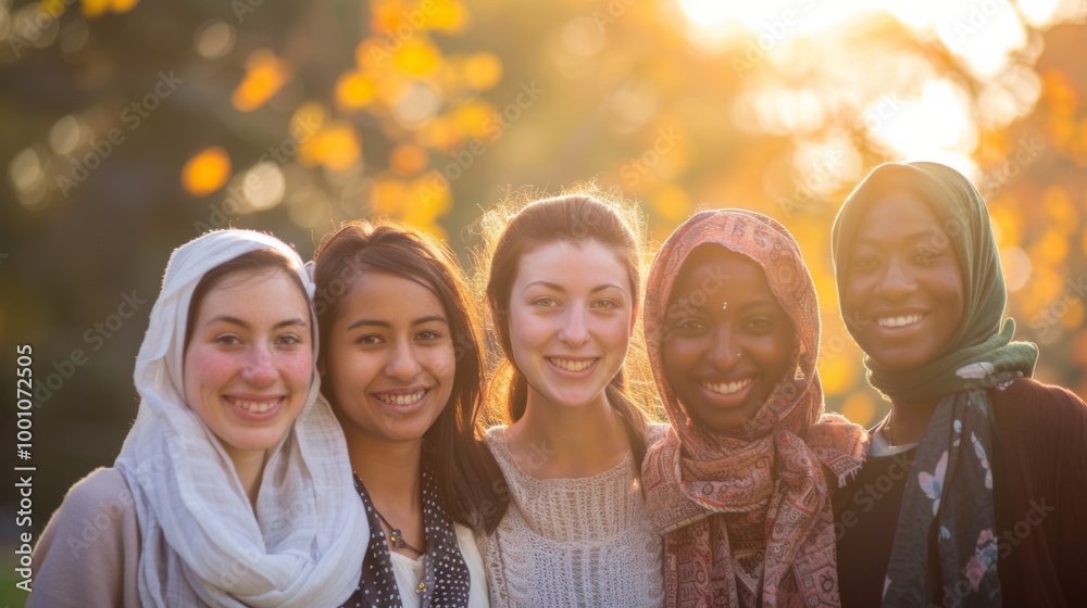 Obraz premium Smiling young women from different ethnic backgrounds, standing closely together