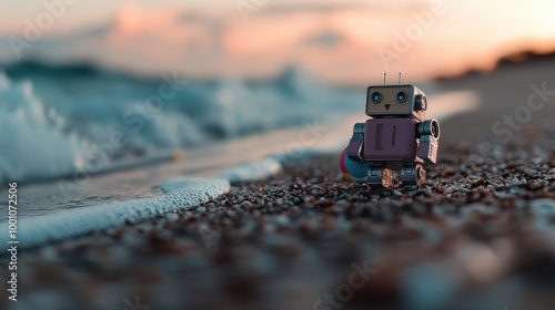 A small toy robot rests on a pebbly beach at sunrise, with ocean waves in the background, capturing a moment of nostalgia, modernity, and peaceful solitude in a picturesque setting. photo