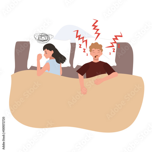 woman unable to sleep due to husband snoring loudly.  insomnia and frustration at bedtime.