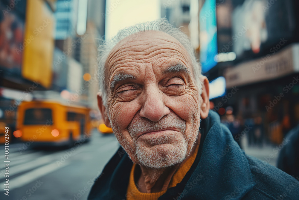 Smiling Elderly Man in Busy City Street Smiling Elderly Man in Busy City Street