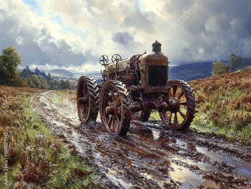 Vintage Tractor on a Muddy Road in the Countryside photo