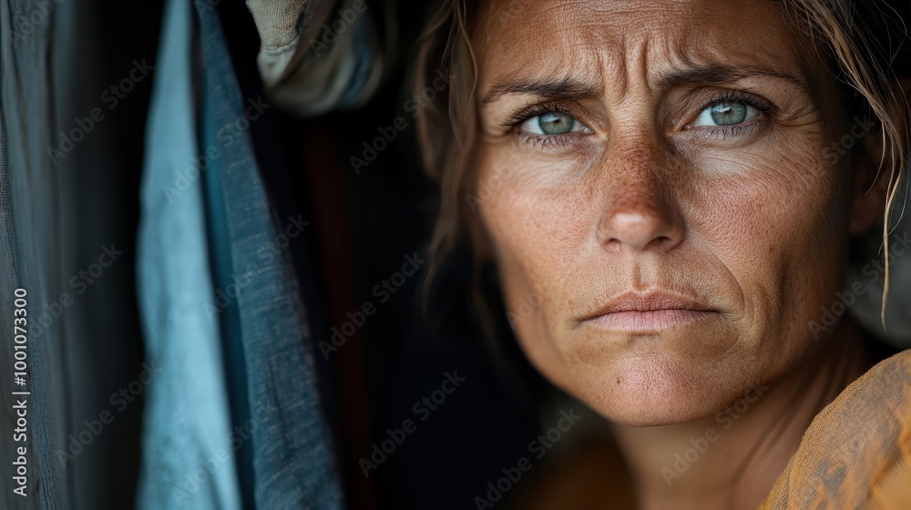 A woman wrapped in thought stands in front of textured fabric. Her serious expression and the earthy tones create a mood of contemplation and resilience.