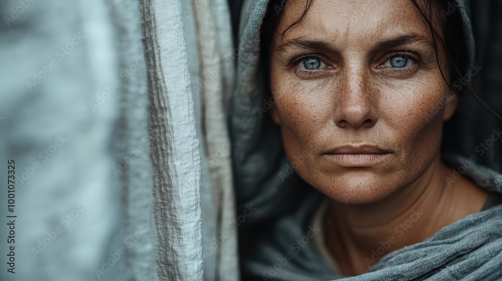 In striking natural light, a woman stands among draped textiles, inviting viewers into her tranquil world of reflection and quiet strength in muted colors. In striking natural light, a woman stands among draped textiles, inviting viewers into her tranquil world of reflection and quiet strength in muted colors.