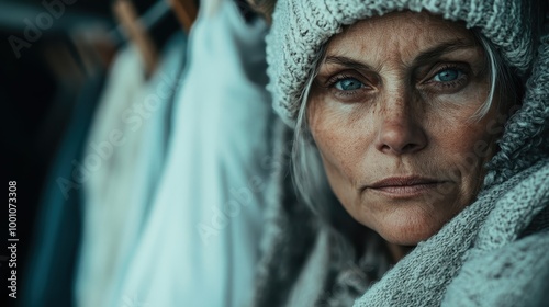 A mystical woman gazes serenely at the camera from under a warm knit garment, evoking a sense of calm and introspection against a soft background. photo