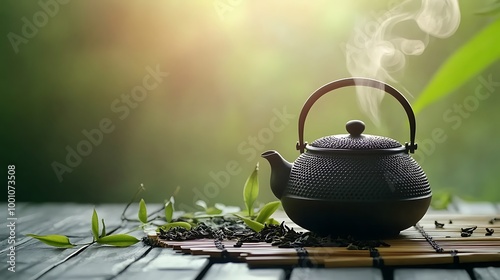 A traditional teapot of oolong tea with steam rising, placed on a bamboo mat with tea leaves scattered around.