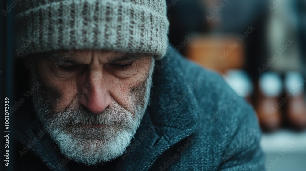 An older man, clad in a knitted hat and jacket, is deep in thought, offering a glimpse into solitude and introspection in a wintry atmosphere of contemplation. An older man, clad in a knitted hat and jacket, is deep in thought, offering a glimpse into solitude and introspection in a wintry atmosphere of contemplation.