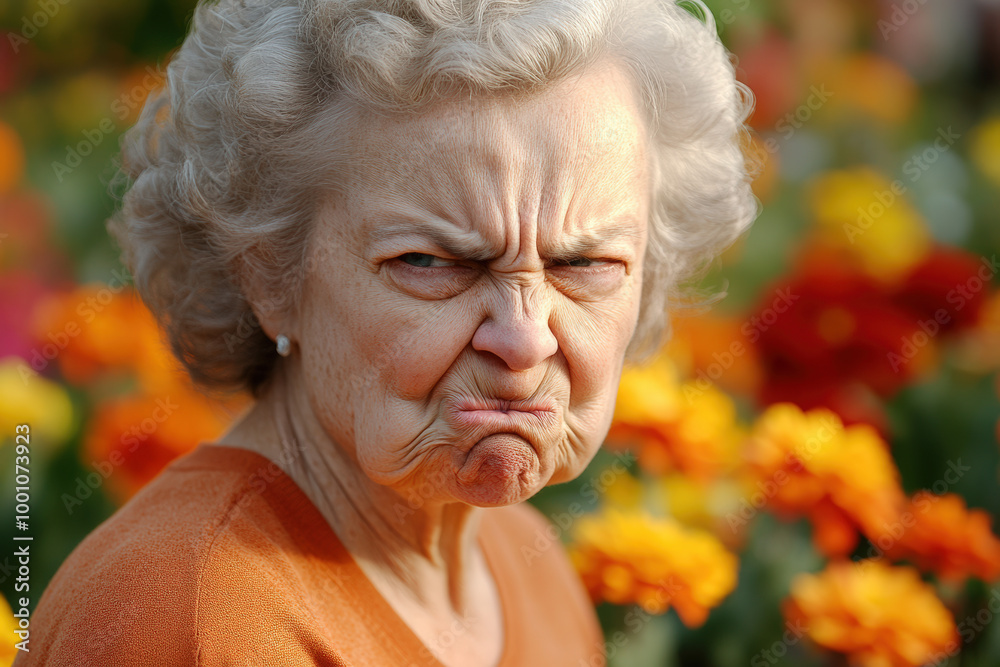 Grumpy Elderly Woman in Flower Garden Grumpy Elderly Woman in Flower Garden