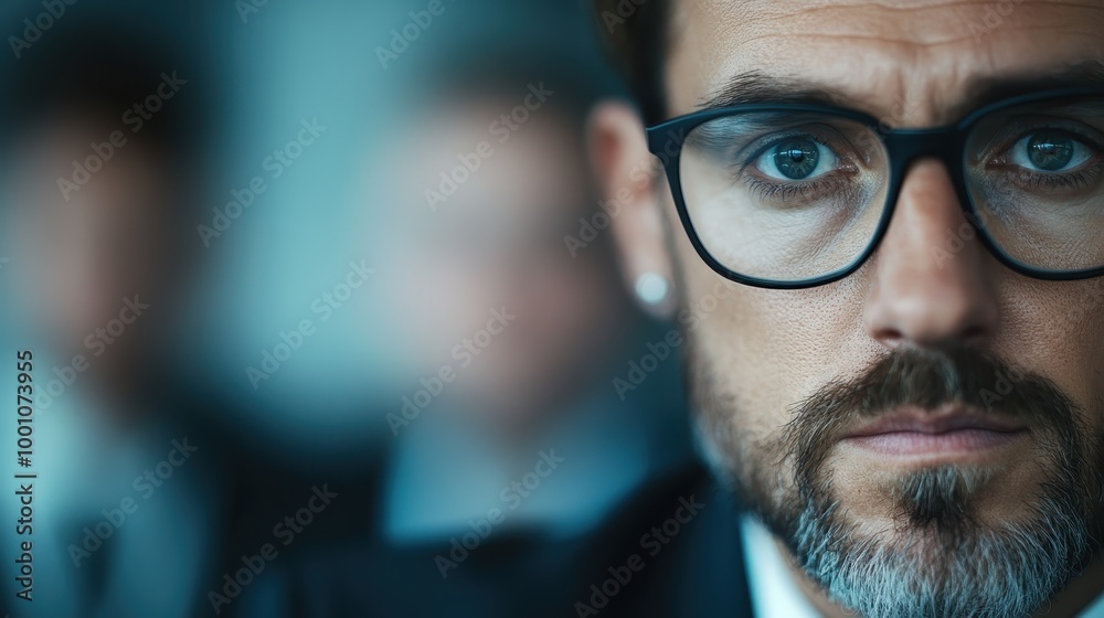 A man with glasses, wearing a suit, appears deeply focused at a meeting, with blurred figures in the background, exuding professionalism and determination. A man with glasses, wearing a suit, appears deeply focused at a meeting, with blurred figures in the background, exuding professionalism and determination.