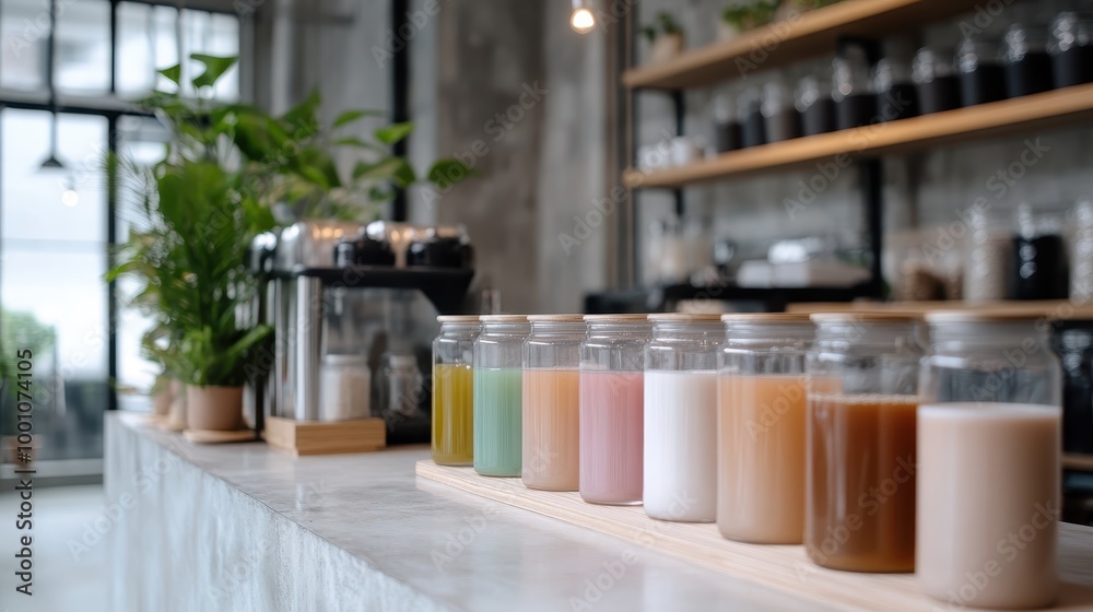 The image displays a modern kitchen counter featuring a neat lineup of colorful jars, an industrial coffee maker, and green plants enhancing the fresh and inviting atmosphere. The image displays a modern kitchen counter featuring a neat lineup of colorful jars, an industrial coffee maker, and green plants enhancing the fresh and inviting atmosphere.