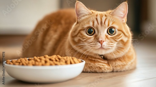 An overweight ginger cat sitting beside a bowl of cat food, gazing at the camera with wide, curious eyes.