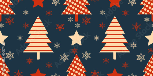 Christmas seamless pattern with snowman, christmas trees, stars and snowflakes. Christmas design for fabric, cotton, wallpaper, gift wrap, backgrounds.