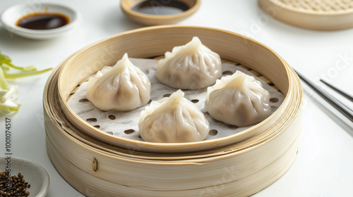 Four traditional Chinese dumplings steamed in a bamboo steamer, with sauces and chopsticks in the background