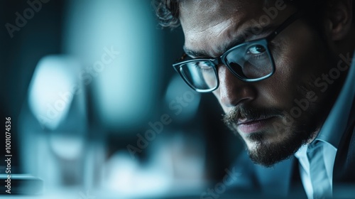 A close-up view shows a person deeply engrossed in studying printed documents at a desk, reflecting focus, diligence, and intense concentration in a professional setting.