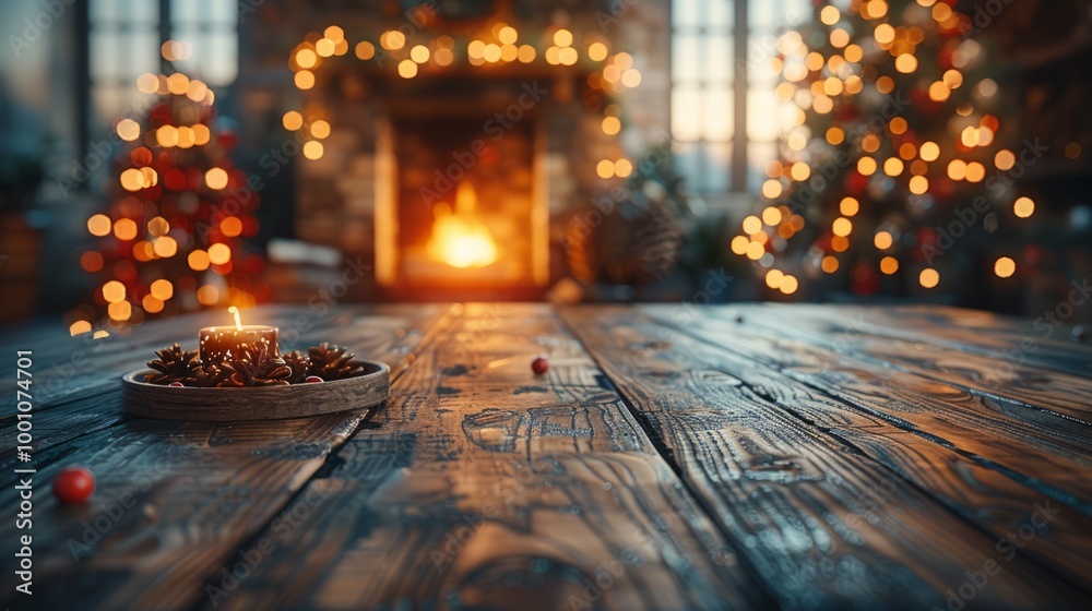 A fireplace with a candle in a bowl on a wooden table A fireplace with a candle in a bowl on a wooden table