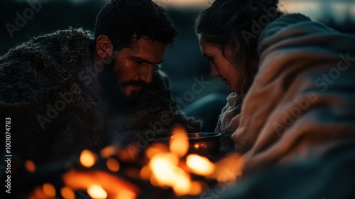 A couple is huddled close together by a fire, both wrapped in blankets, sharing a quiet and intimate moment in a serene and cozy outdoor setting during twilight.