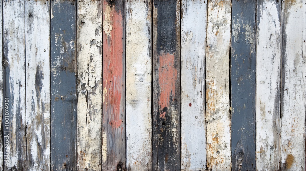 Weathered wooden fence with multiple shades of gray, white, and brown paint. Weathered wooden fence with multiple shades of gray, white, and brown paint.
