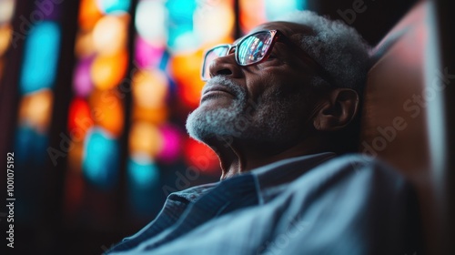 A gray-haired man leans back into a church pew under colorful stained glass windows, capturing a moment of introspection and peace within the sacred interior. photo