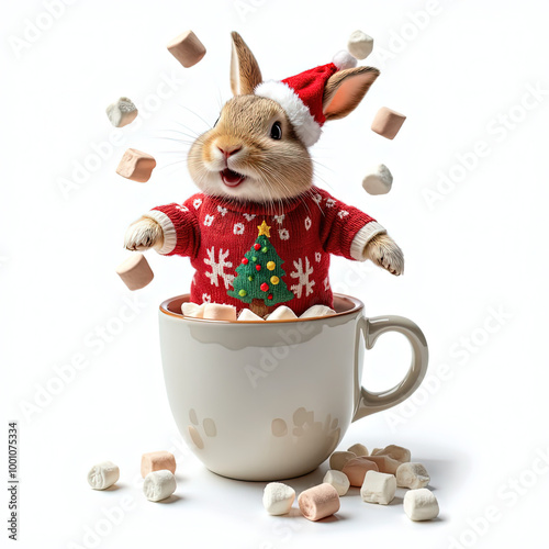 Christmas cheerful bunny in a festive sweater and Santa hat enjoys a cozy mug of hot chocolate with marshmallows - Generated by Generative AI