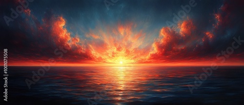 A painting of a sunset over the ocean with a red and orange sky.