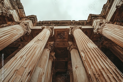 Ornate architectural columns and details of an ancient building