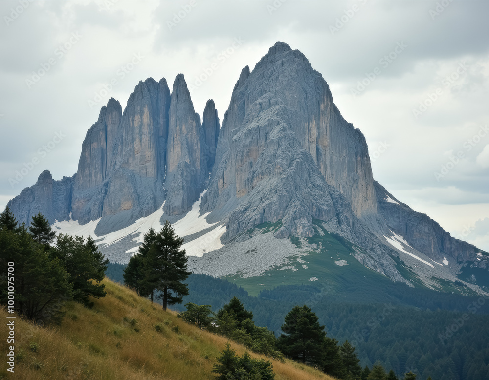 Obraz premium 木々や緑に囲まれ、頂上に雪が積もった高い岩山のグループ