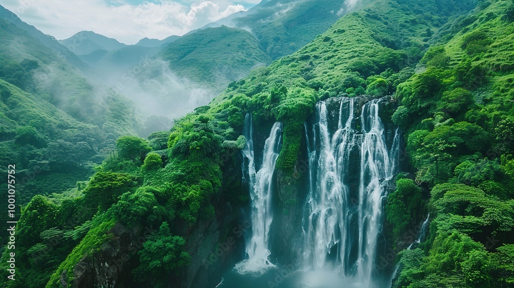 Beautiful Spring Green Natural Landscape with Waterfall: A Perfect Tourism Destination. Enjoy the Serenity and Beauty. Beautiful Spring Green Natural Landscape with Waterfall: A Perfect Tourism Destination. Enjoy the Serenity and Beauty.