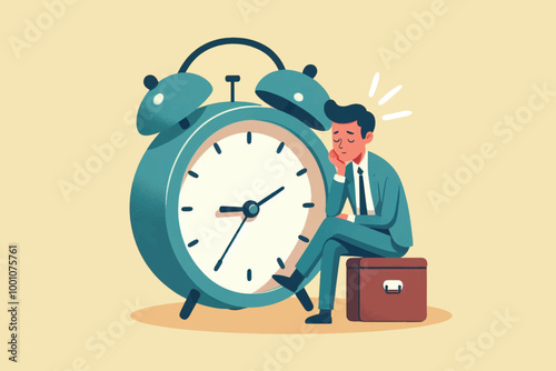 A businessman sits sadly waiting for the alarm clock to sound to start his day at work