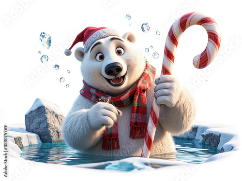 A cheerful Christmas scene featuring a polar bear  - Generated by Generative AI