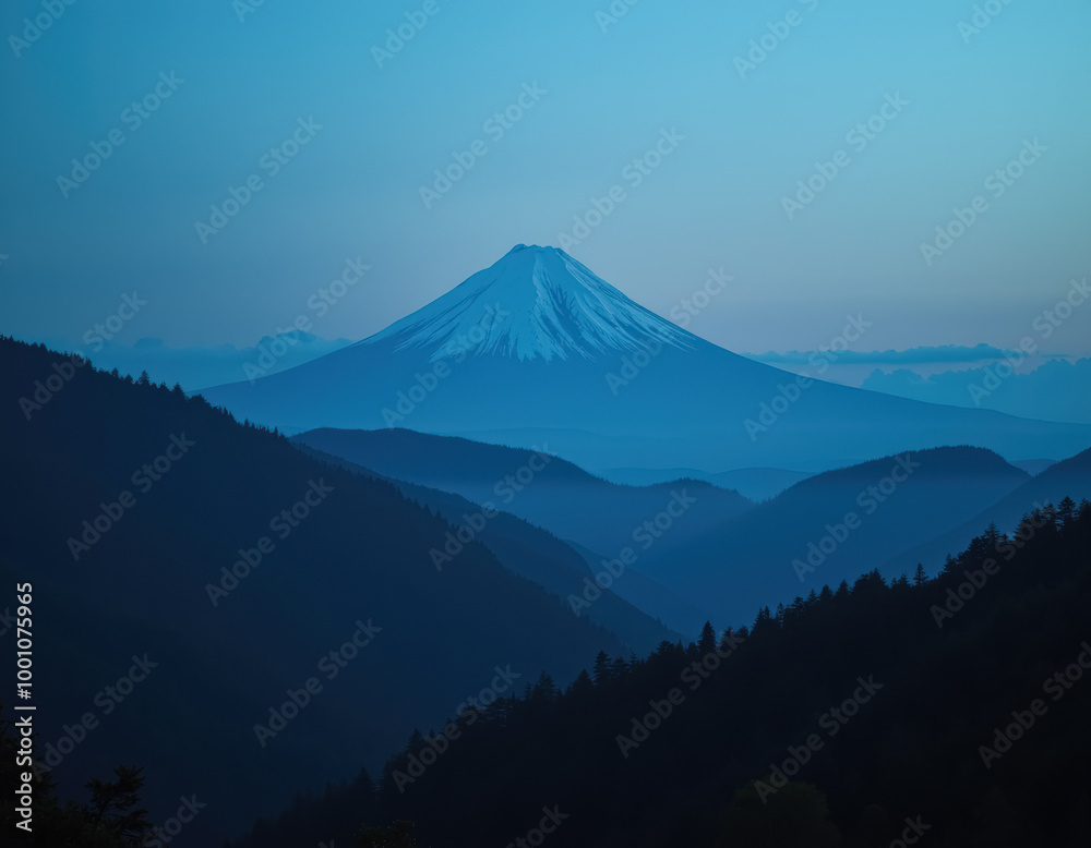 周囲の丘の上にそびえる山とその雪を頂いた山頂の穏やかな夕暮れ 周囲の丘の上にそびえる山とその雪を頂いた山頂の穏やかな夕暮れ