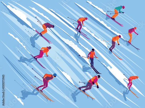 Vector set of mountain skiers in bright suits going down the slope. Handmade drawing vector illustration. Elements and symbols perfect for scrapbook, card, poster, invitation, sticker kit.