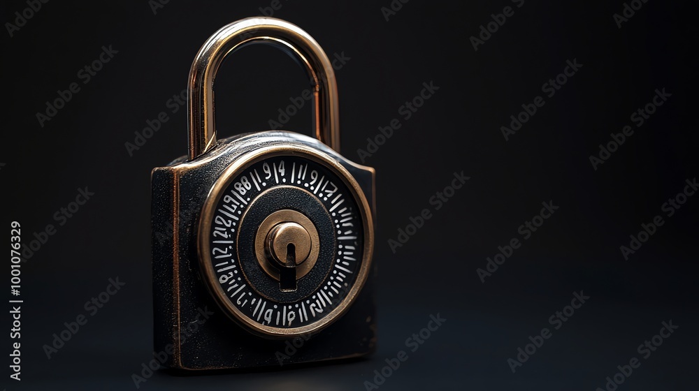A black combination lock on a black background. A black combination lock on a black background.